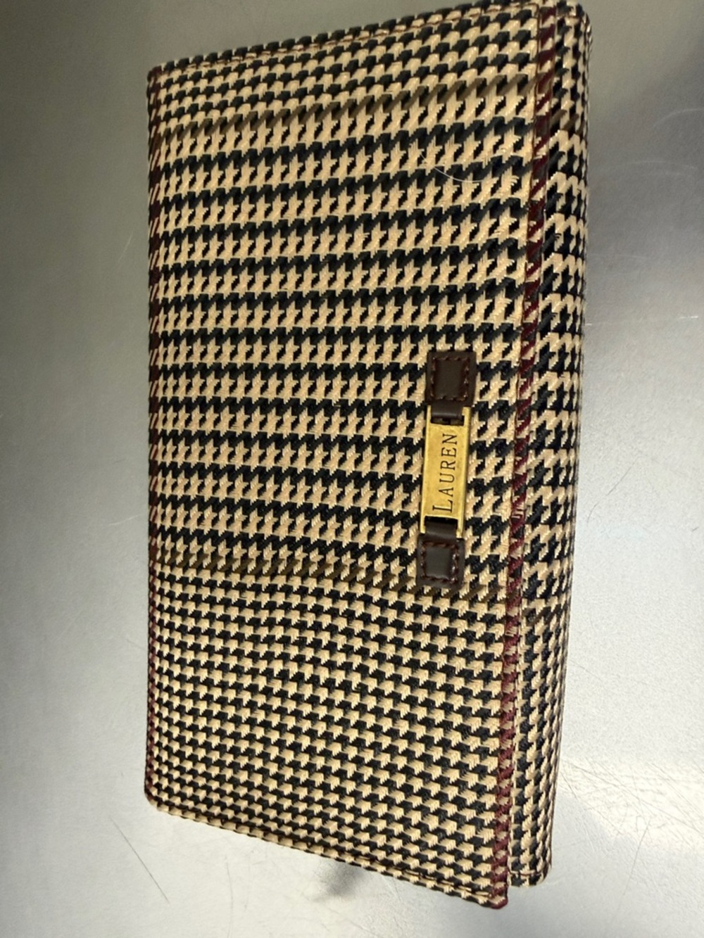 Lauren Ralph Lauren Houndstooth Wallet in Black and Cream with Burgundy Trim